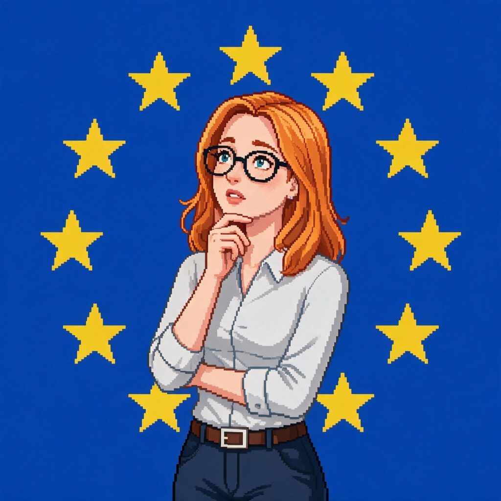roodharige vrouw met EU vlag op achtergrond