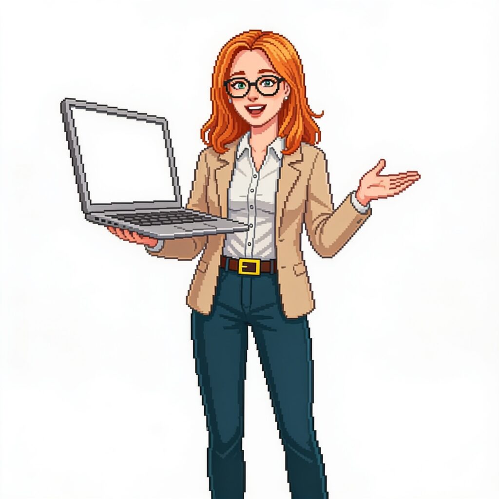Roodharige vrouw met laptop in hand